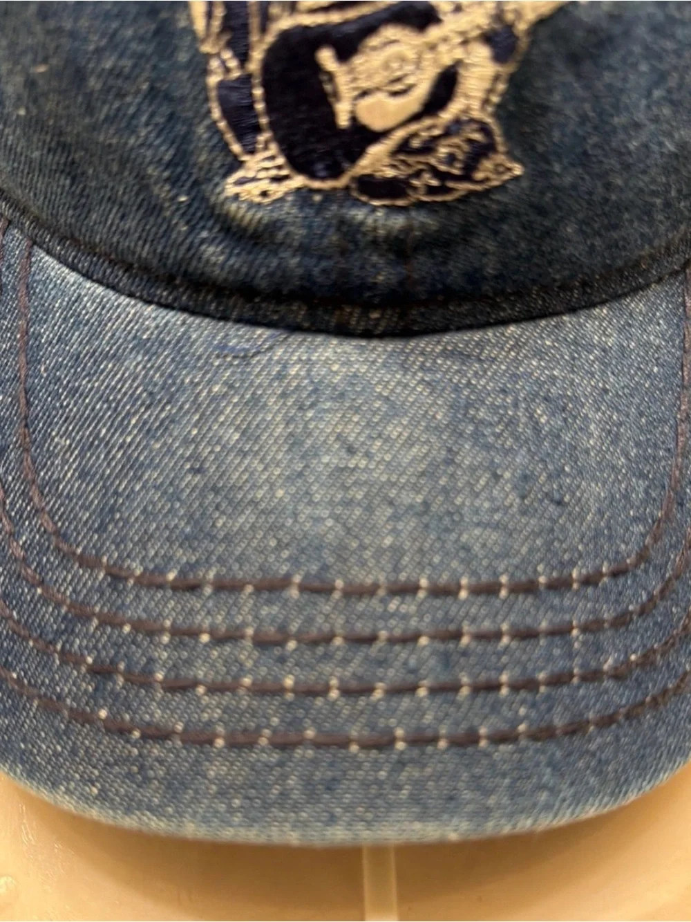 True Religion Blue Denim Baseball Cap with Embroidered Buddha Guitar